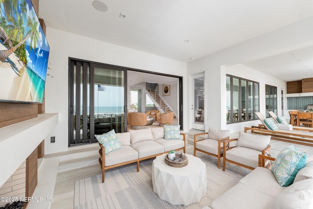 living area with stairway