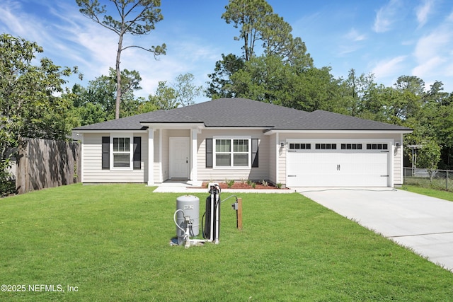 4375 Loys Dr, Jacksonville, FL 32246 - single story home featuring a front lawn, driveway, a shingled roof, fence, and a garage