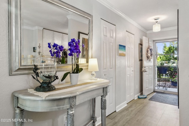 entrance foyer with baseboards and ornamental molding
