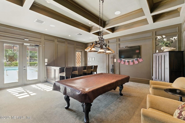 100 Fairway Park Blvd Unit 1101, Ponte Vedra Beach, FL 32082 - rec room with a decorative wall, ornamental molding, billiards, french doors, and beamed ceiling