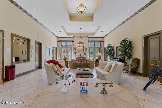 100 Fairway Park Blvd Unit 1101, Ponte Vedra Beach, FL 32082 - living area with light tile patterned floors, a chandelier, ornamental molding, and a raised ceiling