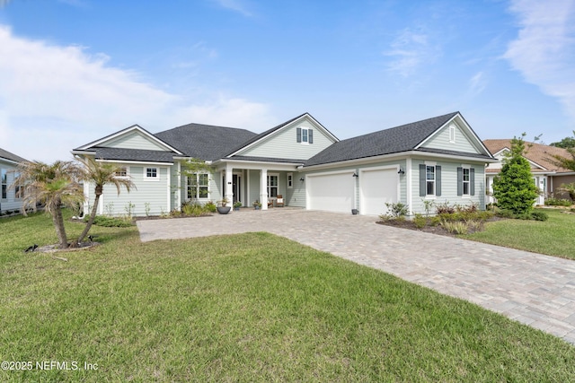 view of front of house featuring an attached garage, decorative driveway, roof with shingles, and a front yard