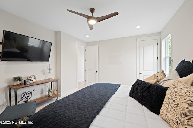 bedroom featuring recessed lighting, a ceiling fan, and baseboards