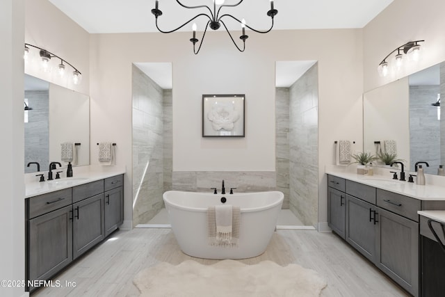 bathroom with a sink, a freestanding tub, and two vanities
