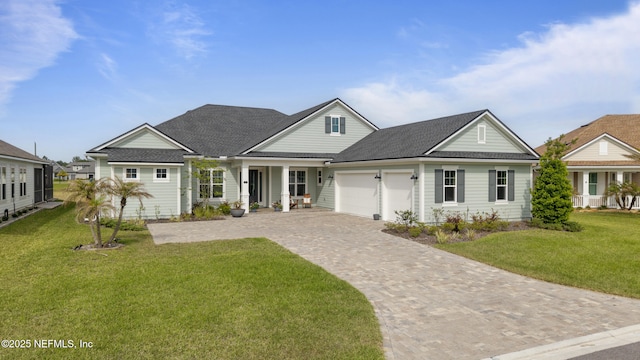 view of front of property with roof with shingles, an attached garage, a front lawn, and decorative driveway