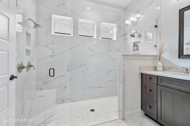 314 Freshwater Dr, Saint Johns, FL 32259 - full bath featuring marble finish floor, vanity, and a marble finish shower