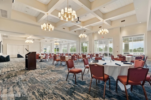 10136 Leisure Ln N Unit 26, Jacksonville, FL 32256 - dining area featuring a chandelier, coffered ceiling, beam ceiling, carpet flooring, and a towering ceiling
