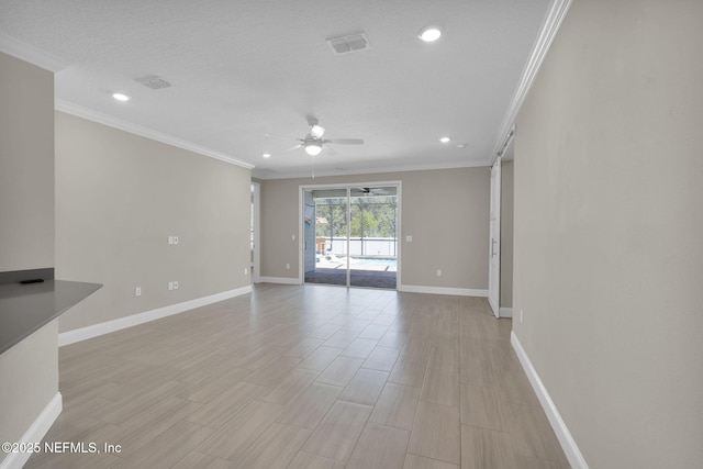 251 Dosel Ln, Saint Augustine, FL 32095 - unfurnished living room with a ceiling fan, crown molding, baseboards, visible vents, and recessed lighting