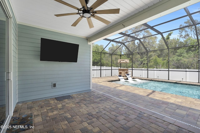 251 Dosel Ln, Saint Augustine, FL 32095 - view of pool with ceiling fan, a fenced in pool, glass enclosure, and a patio