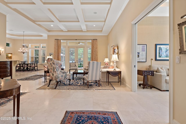 101 Dahlia Ct, Ponte Vedra Beach, FL 32082 - living room with french doors, ornamental molding, a chandelier, coffered ceiling, and beamed ceiling