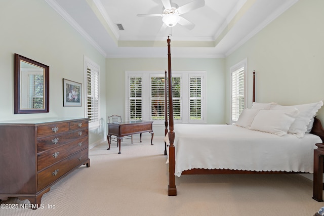 101 Dahlia Ct, Ponte Vedra Beach, FL 32082 - bedroom with light carpet, a raised ceiling, ornamental molding, and ceiling fan