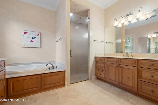 101 Dahlia Ct, Ponte Vedra Beach, FL 32082 - full bath with vanity, crown molding, a stall shower, a garden tub, and tile patterned floors