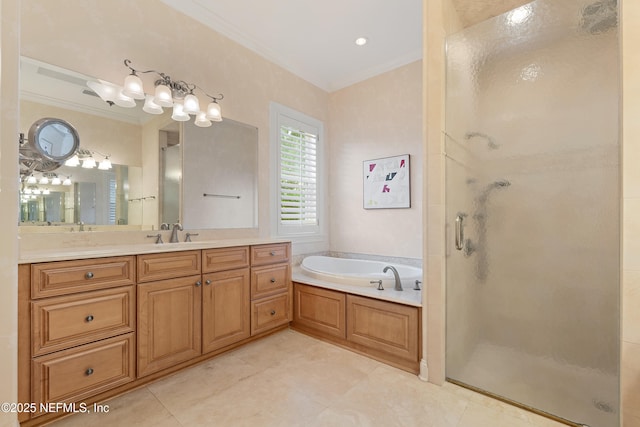 101 Dahlia Ct, Ponte Vedra Beach, FL 32082 - full bathroom with a stall shower, ornamental molding, vanity, a bath, and tile patterned floors