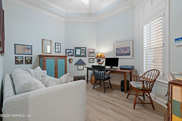 101 Dahlia Ct, Ponte Vedra Beach, FL 32082 - office area featuring light wood-type flooring, a ceiling fan, crown molding, and a high ceiling