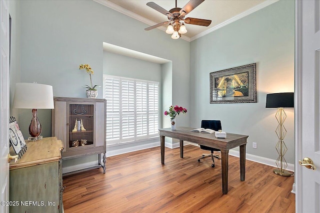 3241 Sequoyah Cir, Saint Johns, FL 32259 - office with baseboards, ornamental molding, a ceiling fan, and wood finished floors