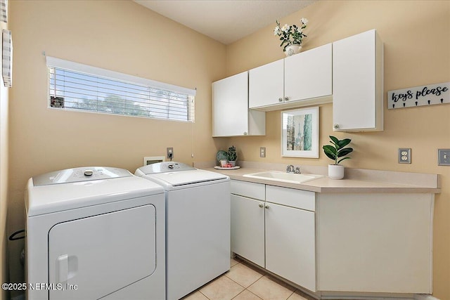 3241 Sequoyah Cir, Saint Johns, FL 32259 - laundry area featuring cabinet space, separate washer and dryer, light tile patterned floors, and a sink