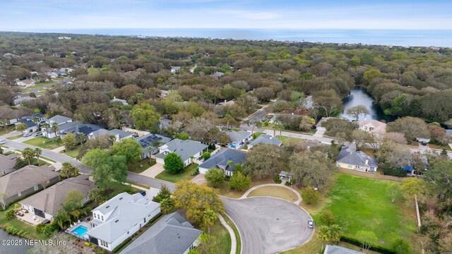 birds eye view of property with a residential view and a water view
