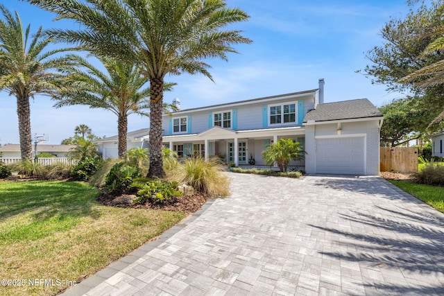 traditional-style house with brick siding, fence, decorative driveway, a garage, and a front lawn