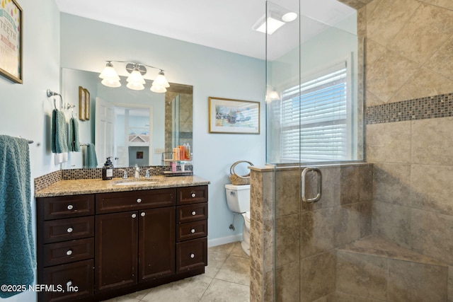 full bathroom with tile patterned floors, a shower stall, backsplash, vanity, and a notable chandelier