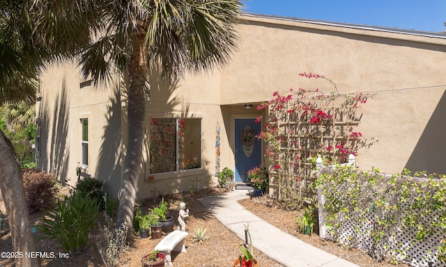 entrance to property with stucco siding