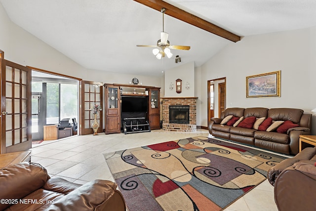 2629 Sandlewood Cir, Orange Park, FL 32065 - living area with light tile patterned floors, vaulted ceiling with beams, ceiling fan, and a brick fireplace