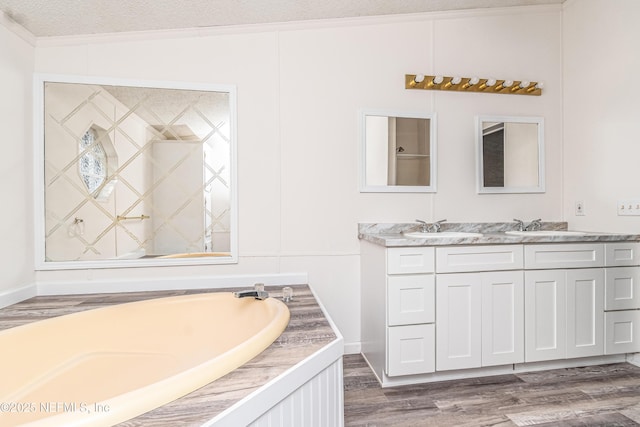 bathroom featuring a bath, wood finished floors, a sink, and double vanity