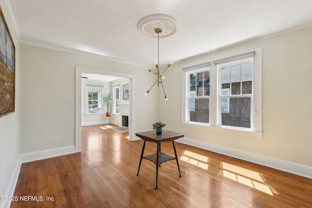 unfurnished dining area with wood-type flooring, a textured ceiling, a fireplace, and baseboards