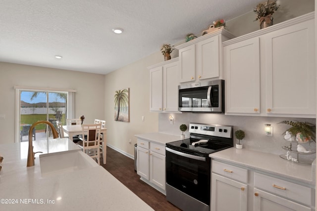 2235 Falling Star Ln, Green Cove Springs, FL 32043 - kitchen featuring light countertops, a sink, a textured ceiling, appliances with stainless steel finishes, and white cabinetry