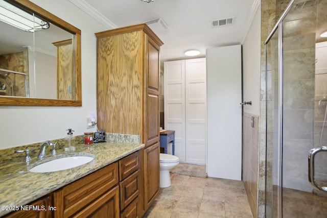 4068 Scenic Dr, Middleburg, FL 32068 - bathroom with crown molding, vanity, visible vents, and a stall shower