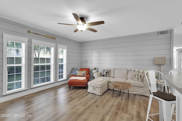 living room with visible vents, ornamental molding, a ceiling fan, and light wood finished floors