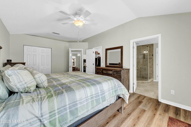 2925 Bradford St, Saint Augustine, FL 32084 - bedroom featuring light wood-type flooring, visible vents, lofted ceiling, a ceiling fan, and a closet