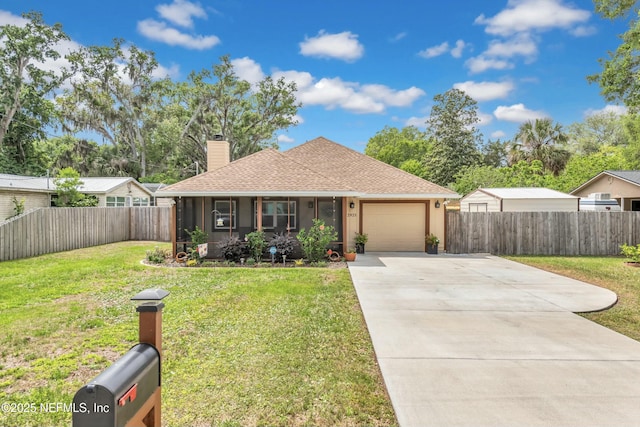 2925 Bradford St, Saint Augustine, FL 32084 - single story home featuring driveway, a chimney, an attached garage, a shingled roof, and a front yard