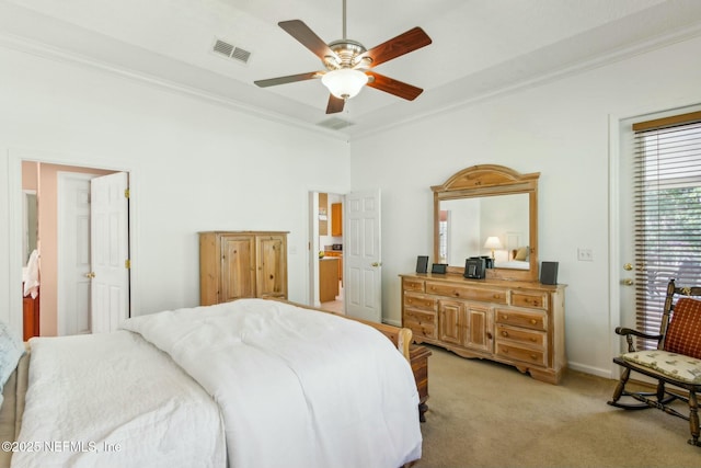 bedroom featuring light carpet, visible vents, baseboards, a ceiling fan, and crown molding