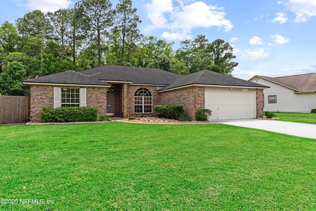 ranch-style house featuring brick siding, a garage, fence, and driveway