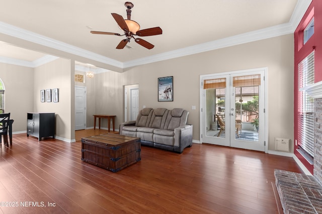 living room featuring crown molding, a ceiling fan, and dark wood-style flooring