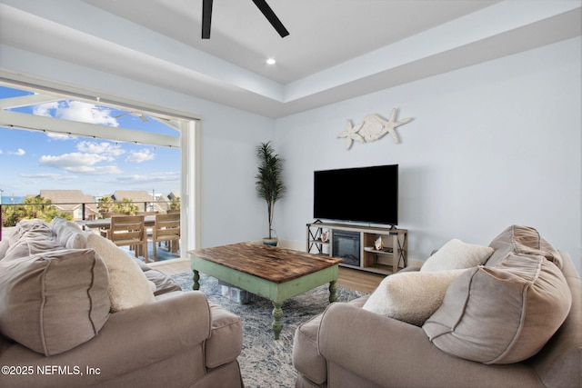 548 Sea Island Dr, Fernandina Beach, FL 32034 - living area with a ceiling fan, wood finished floors, and recessed lighting