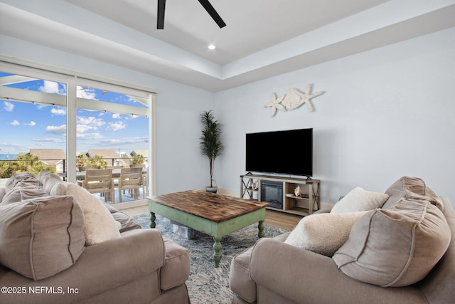 548 Sea Island Dr, Fernandina Beach, FL 32034 - living room featuring a ceiling fan, wood finished floors, and recessed lighting