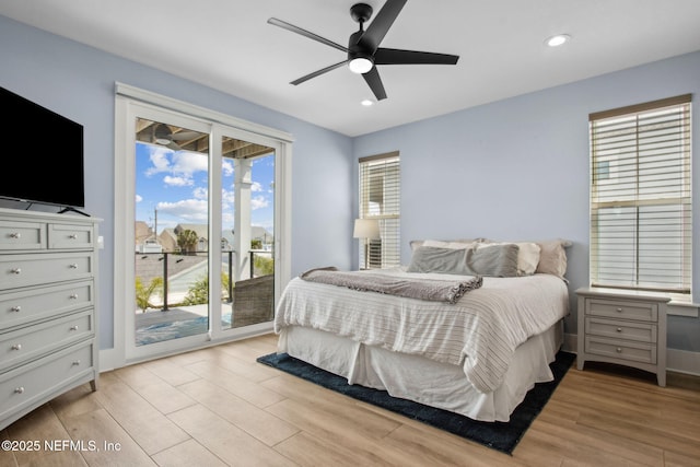 548 Sea Island Dr, Fernandina Beach, FL 32034 - bedroom with access to outside, light wood finished floors, recessed lighting, and ceiling fan