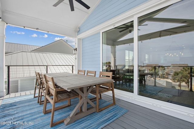 548 Sea Island Dr, Fernandina Beach, FL 32034 - wooden terrace featuring ceiling fan and outdoor dining space