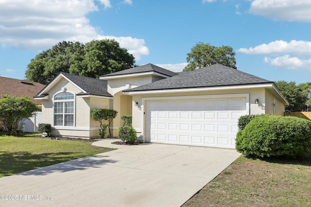 86123 Red Holly Pl, Yulee, FL 32097 - view of front of home with driveway, an attached garage, a shingled roof, a front yard, and stucco siding
