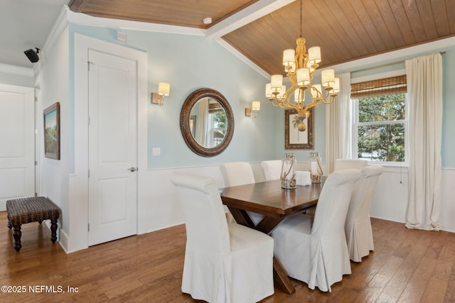 111 Cherry St, Neptune Beach, FL 32266 - dining room featuring vaulted ceiling with beams, a chandelier, crown molding, hardwood / wood-style floors, and wooden ceiling