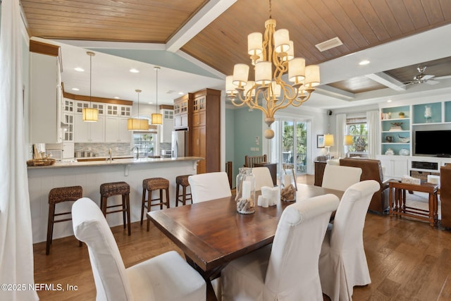 111 Cherry St, Neptune Beach, FL 32266 - dining space featuring wood ceiling, visible vents, beam ceiling, and dark wood-type flooring
