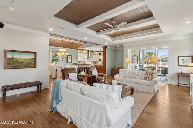 111 Cherry St, Neptune Beach, FL 32266 - living room with wood finished floors, wooden ceiling, visible vents, and ceiling fan with notable chandelier