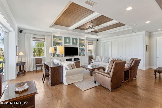 111 Cherry St, Neptune Beach, FL 32266 - living room with light wood-type flooring, built in shelves, ceiling fan, visible vents, and recessed lighting