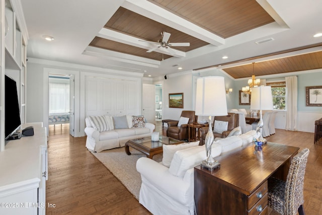 111 Cherry St, Neptune Beach, FL 32266 - living room featuring recessed lighting, wood finished floors, visible vents, beam ceiling, and wood ceiling