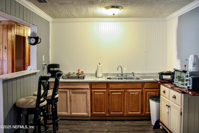 kitchen featuring a toaster, a sink, ornamental molding, and dark wood finished floors