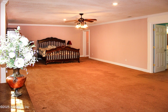 bedroom with baseboards, carpet floors, recessed lighting, and ornamental molding