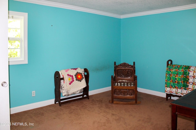 living area with carpet, a textured ceiling, baseboards, and ornamental molding