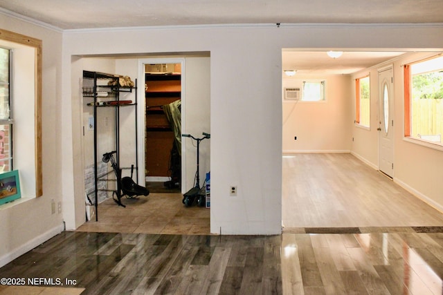 interior space with wood finished floors, ornamental molding, and multiple windows