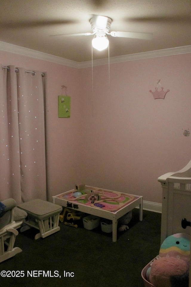 bedroom featuring ceiling fan and ornamental molding